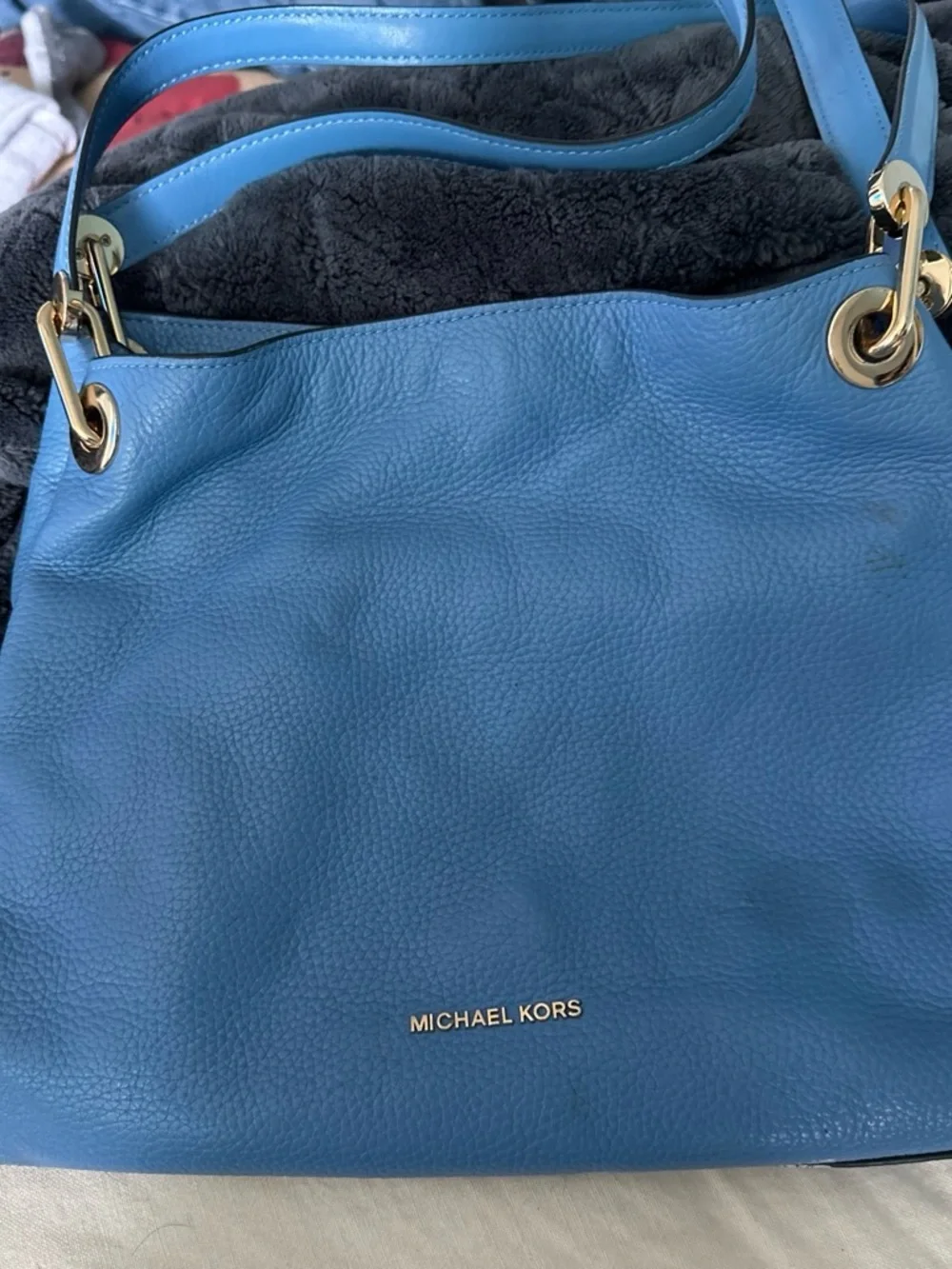 Michael Kors Blue Pebbled Leather Shoulder Bag with Gold Hardware